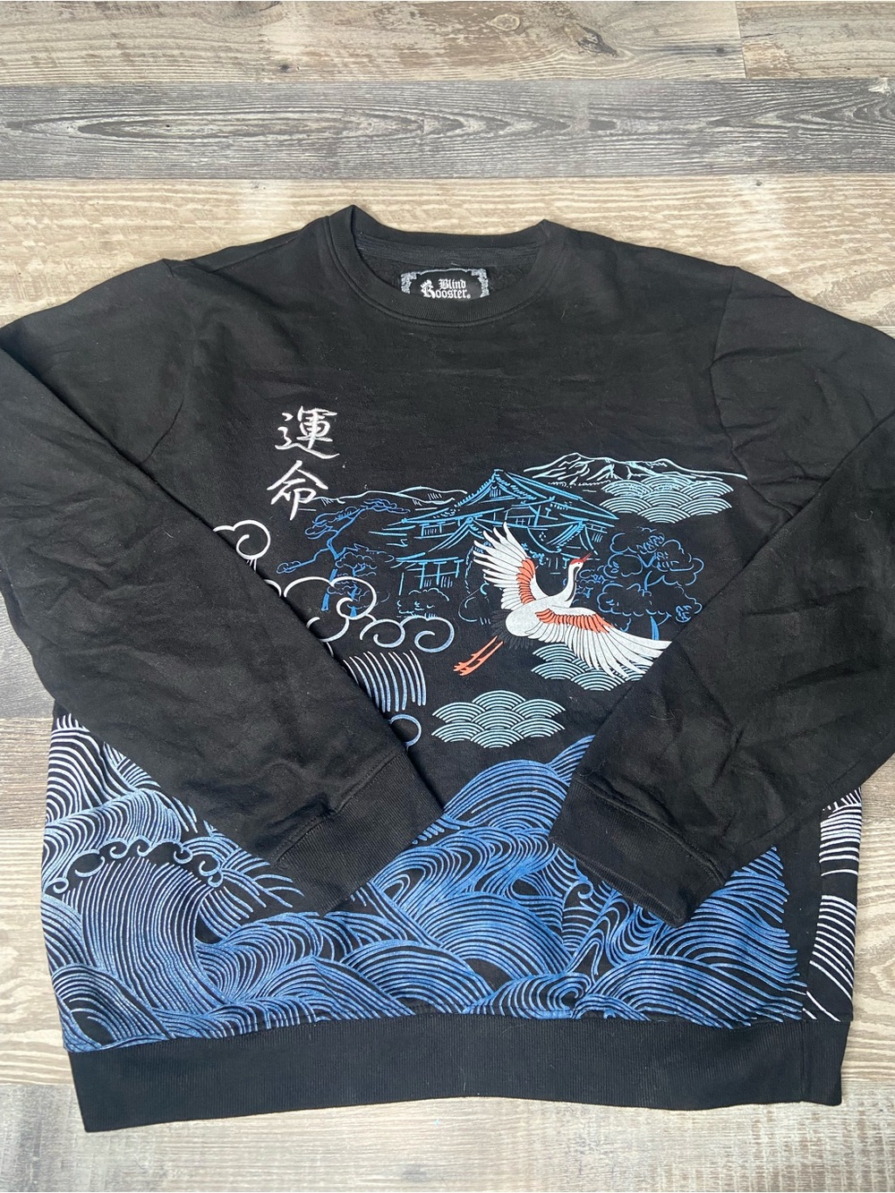 Blind Rooster Japanese Men's Black Crane & Wave Graphic Crewneck Sweater